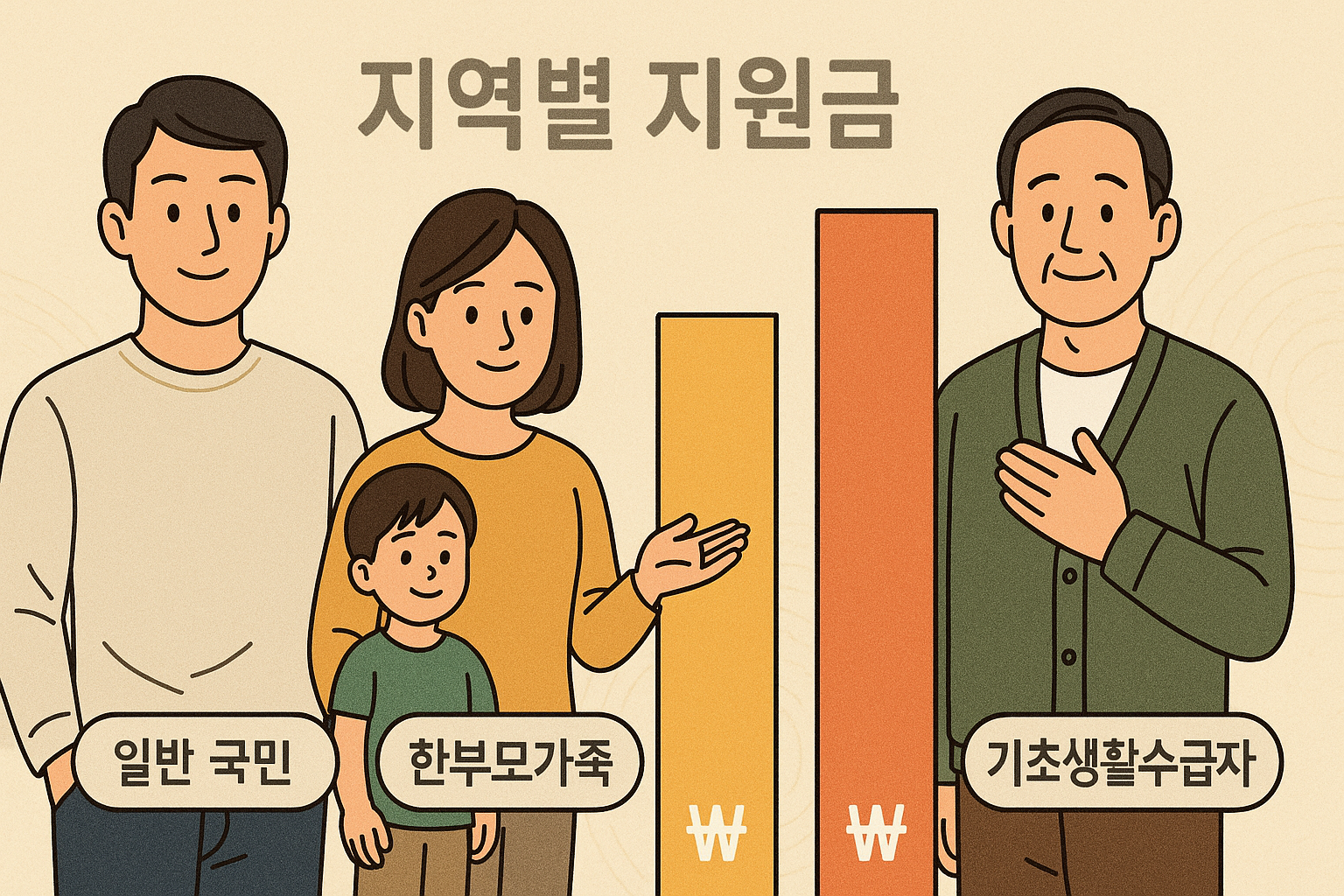 세 명의 한국인 캐릭터(일반 국민, 한부모가족, 기초생활수급자)가 각각 다른 지역의 지원금 차이를 보여주는 색상별 그래프