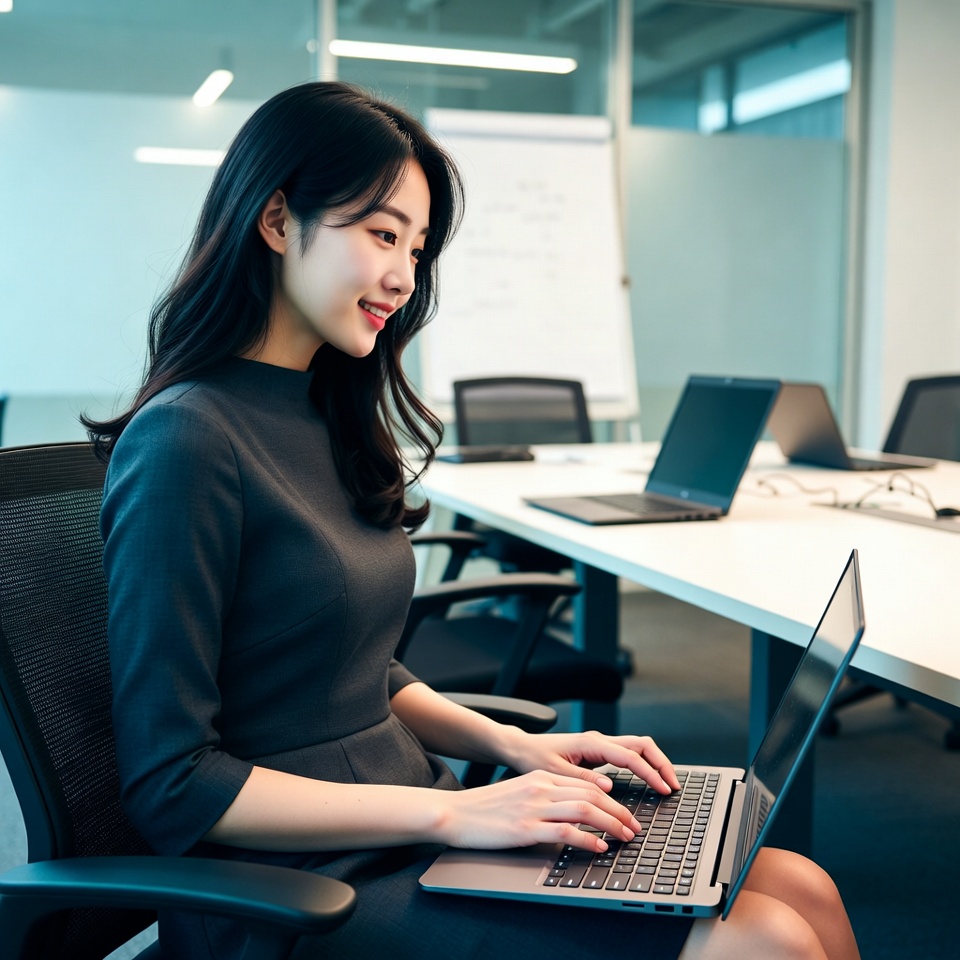 20대 여성 직장인이 랩탑으로 노동절 2.5배 수당 계상하는 모습