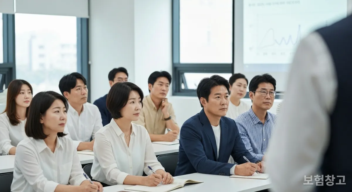 세미나실에서 금융 전문가의 강연을 경청하며 메모하는 다양한 연령대의 한국인 참가자들