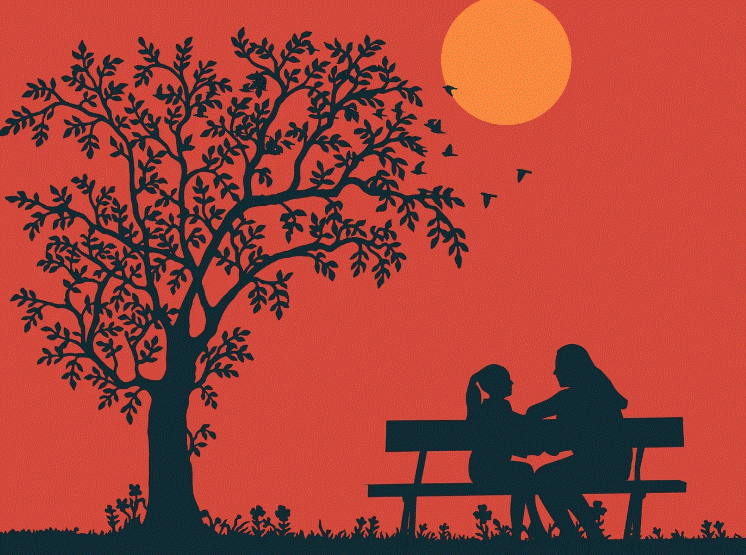 엄마와 딸이 나무 밑 벤치에 앉아있는 사진