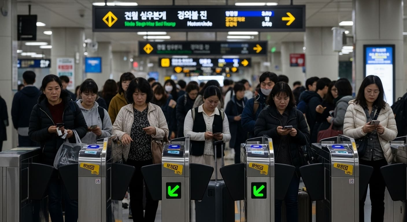 개찰구를 통과하는 승객들과 혼잡한 모습