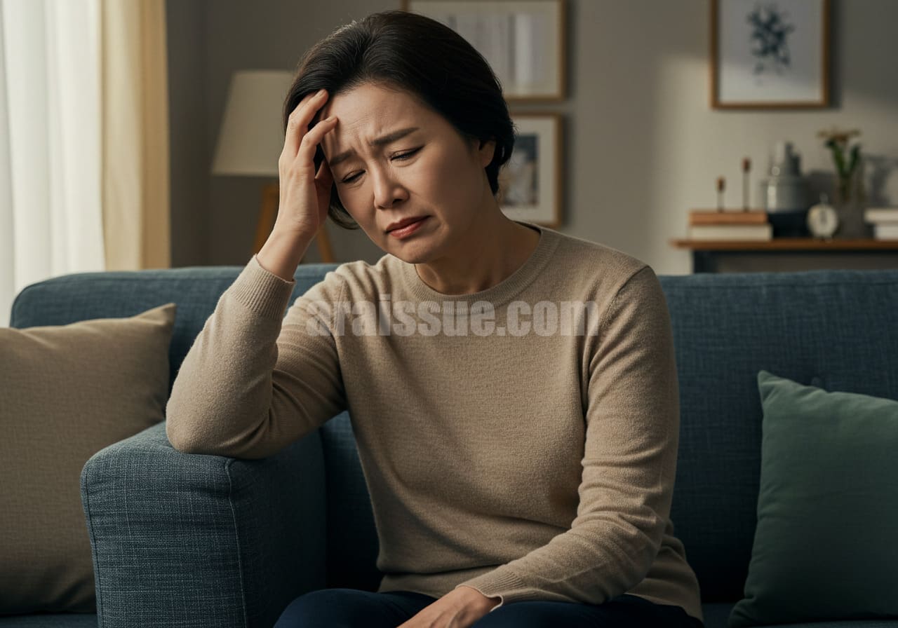 거실 소파에 앉아 편두통으로 고통받는 중년 한국 여성
