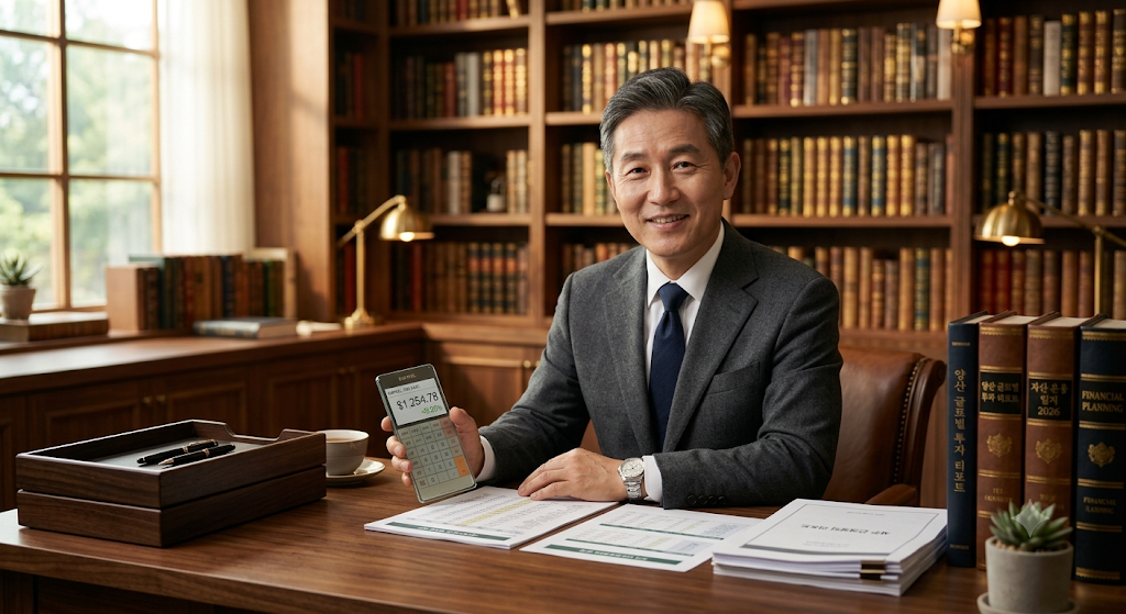 깔끔하게 정리된 서재 테이블에서 자산관리 연금 리포트와 분기 배당금 세금 계산기를 검토하며 미소 짓는 자산가
