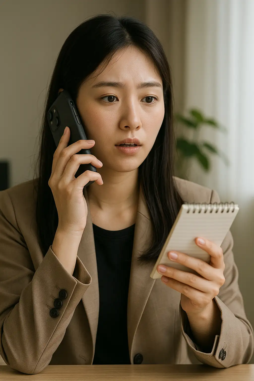 상담사와 통화하며 위약금에 대해 설명 듣는 장면