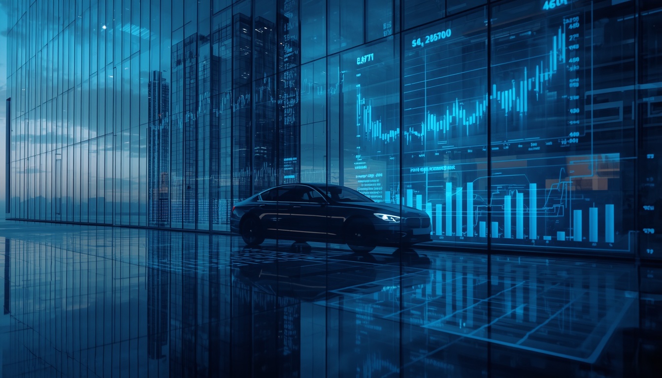 A corporate financial strategy concept with a skyscraper reflecting a luxury car silhouette and data charts.