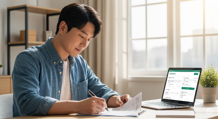 남성이 체크리스트를 보며 블로그의 애드센스 준비 단계를 최종 점검하는 모습