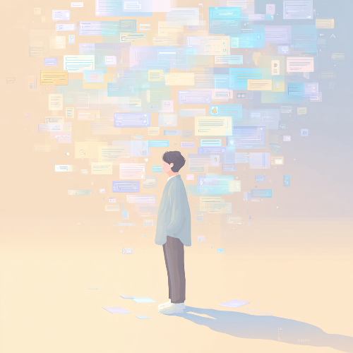 디지털 흔적에 둘러싸여 피곤함을 느끼는 사람을 표현한 감성 일러스트