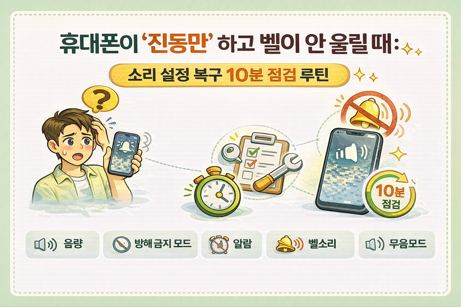 휴대폰이 진동만 울리고 벨소리가 나오지 않을 때 소리 설정을 10분 안에 복구하는 점검 루틴을 정리한 블로그 썸네일 이미지