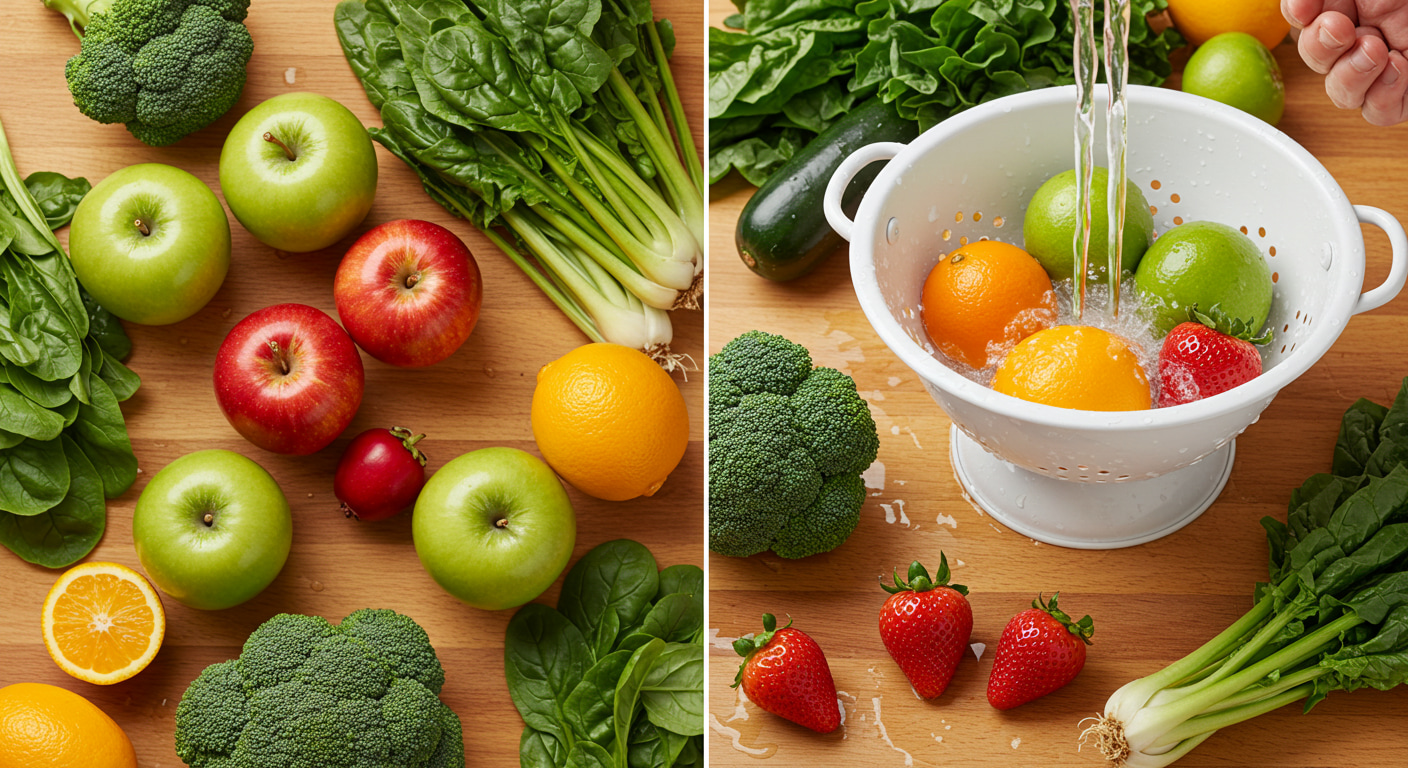 신선한 야채와 과일을 흐르는 물에 깨끗하게 씻는 모습