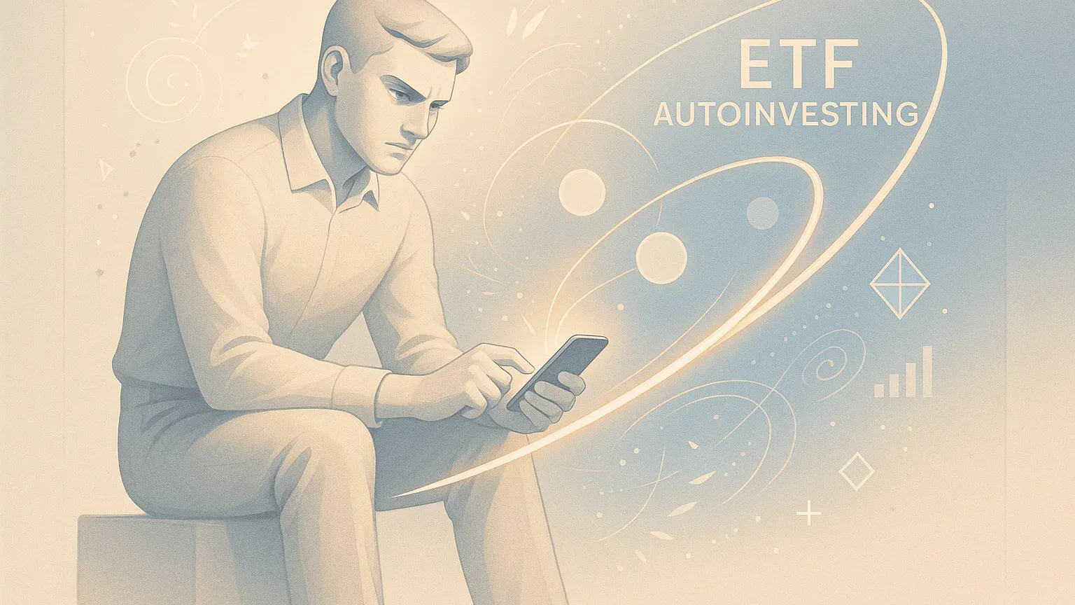 사회초년생이 스마트폰으로 ETF 자동투자를 설정하는 모습을 보여주는 현대적이고 깔끔한 이미지