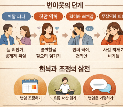 번아웃의 단계를 보여주는 삽화