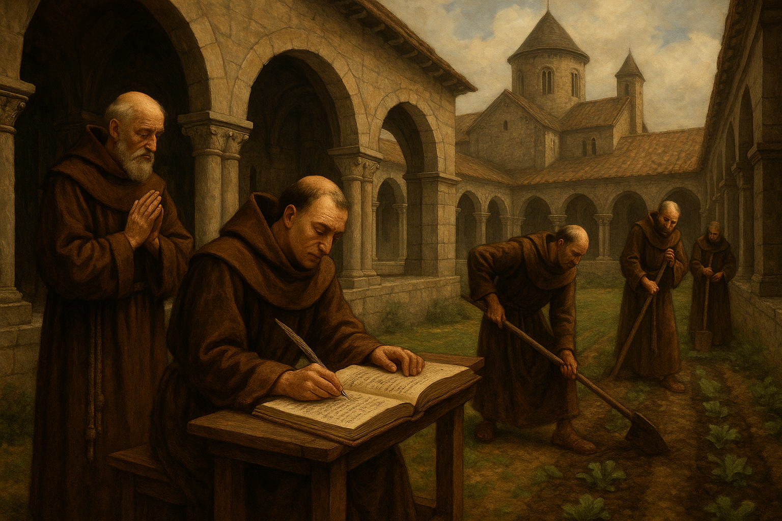 중세 수도원 내부 수도사들의 기도하는 장면
