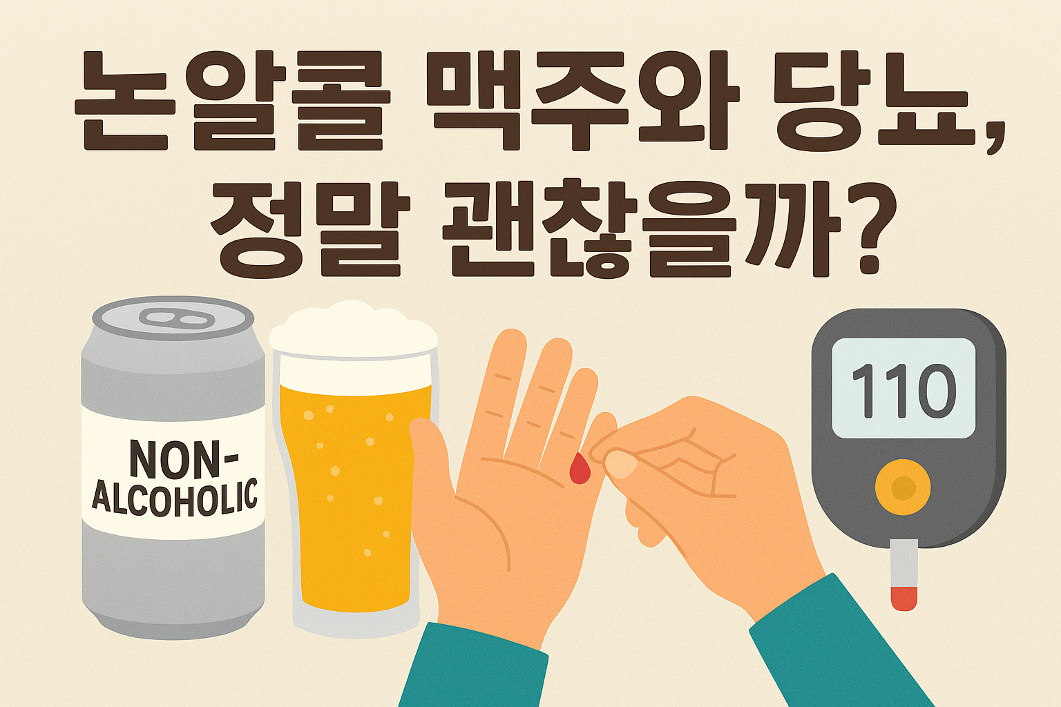 “논알콜 맥주와 당뇨, 정말 괜찮을까?”라는 문구와 함께, 무알코올 맥주 캔과 맥주잔, 혈당 측정을 위해 손가락을 바늘로 찌르는 장면, 그리고 혈당 측정기에 110이라는 수치가 표시된 일러스트가 포함된 건강 정보형 썸네일 이미지.