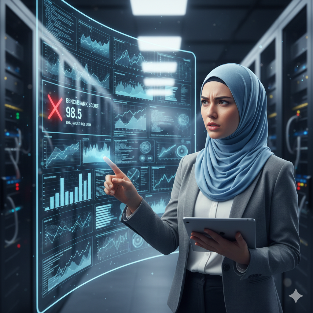 데이터 서버 랙이 늘어선 어두운 공간에서 히잡을 쓴 여성이 투명한 곡선형 홀로그램 디스플레이를 손가락으로 가리키며 난감한 표정을 짓고 있어요. 그녀는 비즈니스 캐주얼 복장을 하고 한 손에는 태블릿을 들고 있어요.

홀로그램 화면에는 여러 개의 데이터 그래프와 코드 조각, 복잡한 통계 차트가 빼곡하게 표시되어 있어요. 특히 왼쪽 상단에는 붉은색 경고 표시와 함께 BENCHMARK SCORE 98.5라는 매우 높은 점수가 명확하게 보이지만, 그 옆에는 커다란 빨간색 X 표시가 함께 나타나 있어서 이 높은 점수가 실제 현실에서는 실패를 의미함을 시사하고 있어요.

이는 AI 모델의 벤치마크 점수와 실제 비즈니스 가치 사이의 괴리를 고민하는 여성 데이터 과학자 또는 기술 리더의 모습을 매우 사실적으로 보여주는 이미지예요.