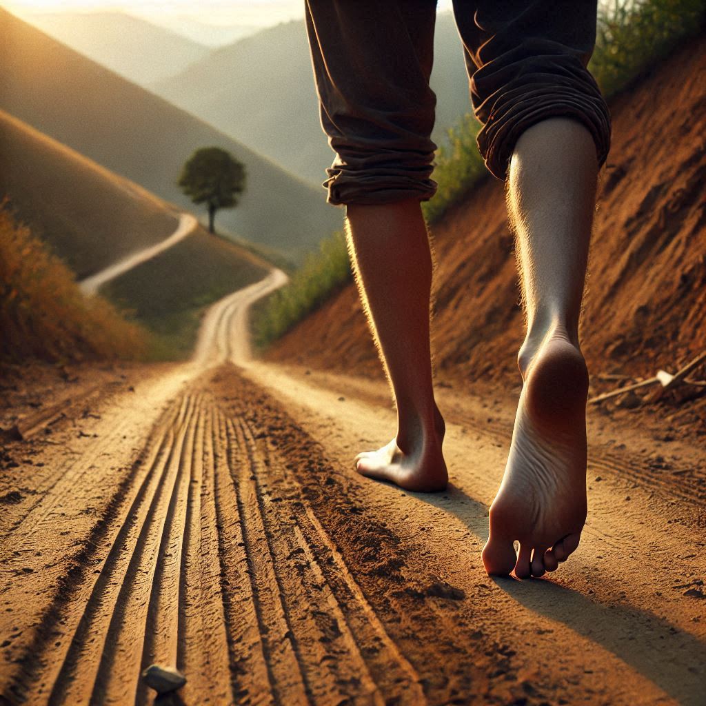 Vue de marcher pieds nus sur le sentier en terre jaune à Gyejoksan