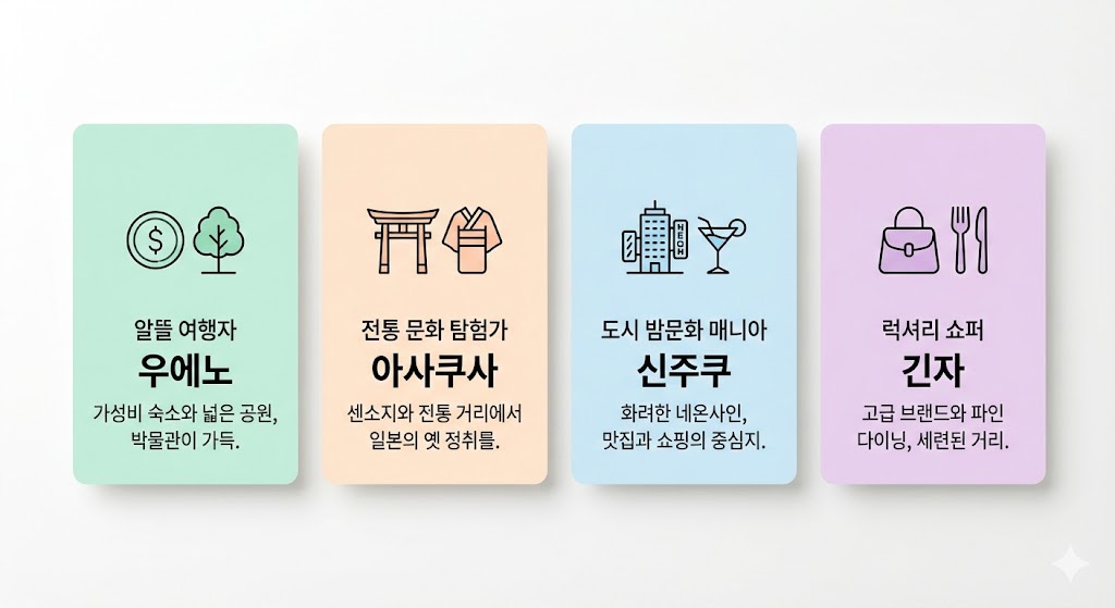 도쿄 숙소 지역 추천 2026 최신우에노·아사쿠사·신주쿠·긴자 목적별 비교 TOP4