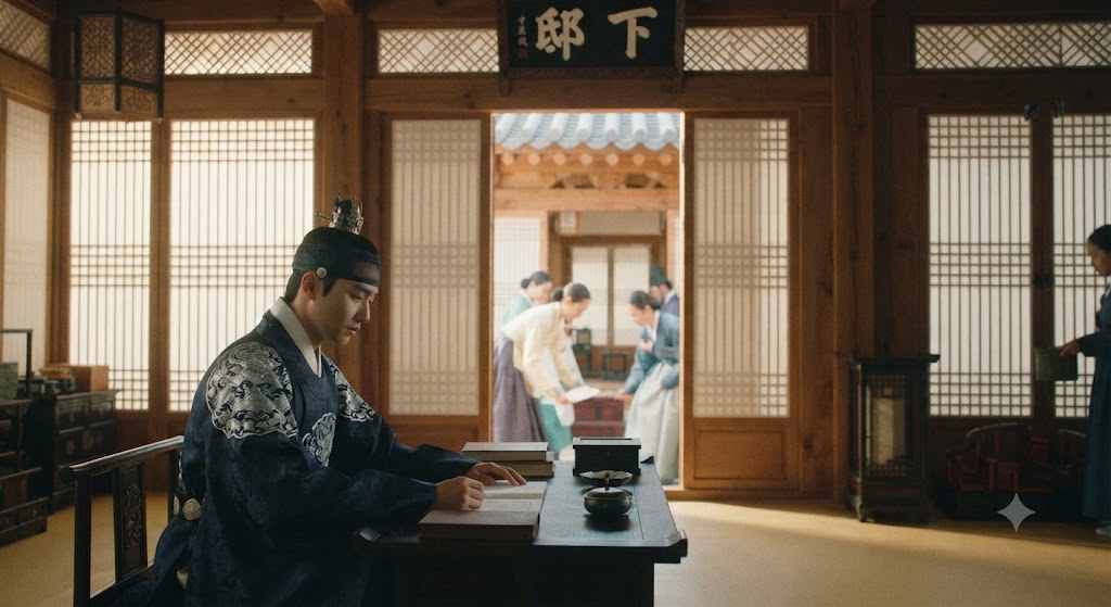 왕세자가 거처하는 동궁(연경당)의 일상을 포착한 이미지. 곤룡포가 아닌 평상복을 입은 젊은 세자가 서안(책상)에 앉아 글을 읽고 있다. 마당에는 내관과 호위무관들이 예를 갖추고 서 있다. '전하'의 정전보다 한 단계 낮은 공간인 '저택'에 머물며 장차 왕위를 계승할 준비를 하는 동궁의 위엄과 차분한 분위기를 그렸다.