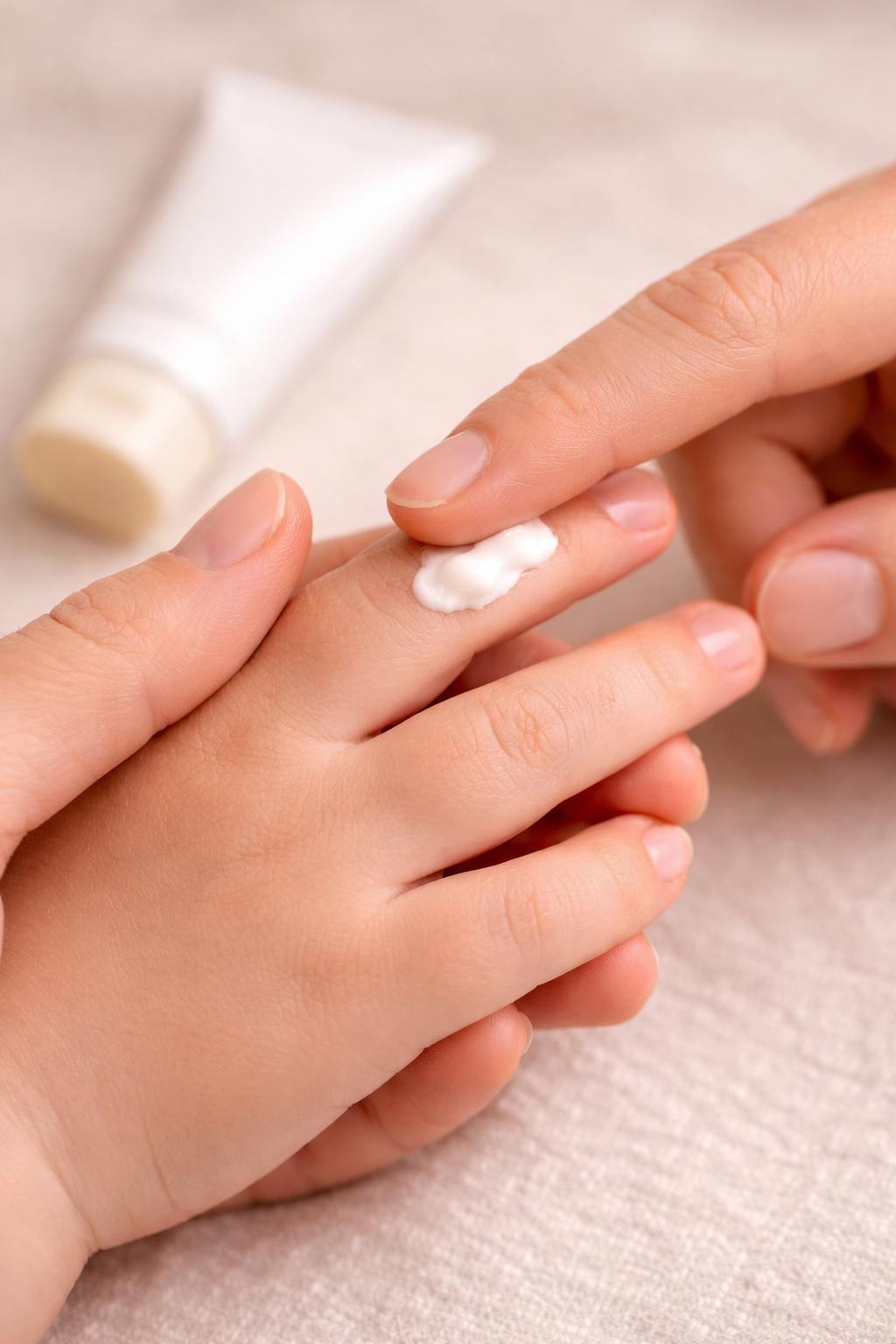 건조한 아이 손가락에 순한 핸드크림을 꼼꼼히 발라주는 엄마의 손길