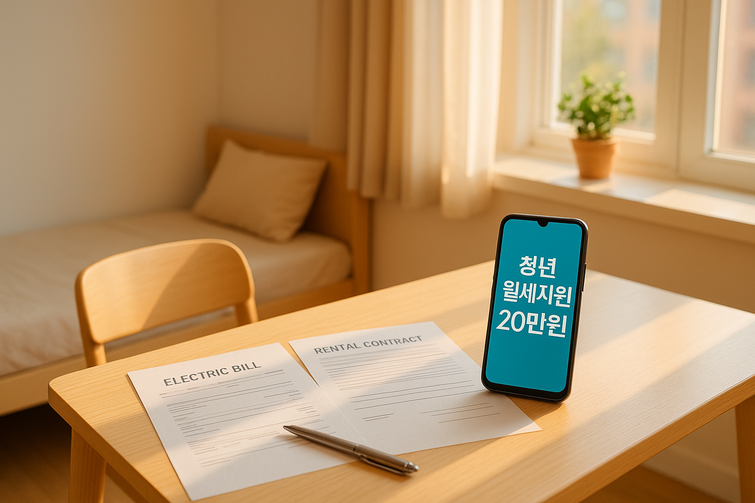 밝고 따뜻한 분위기의 원룸 내부, 책상 위에 놓인 전기 고지서와 계약서, 옆에는 스마트폰 화면에 '청년 월세지원 20만원'이라는 안내 문구가 표시된 모습