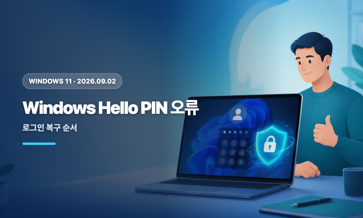 Windows 11 Windows Hello PIN을 사용할 수 없을 때 로그인과 PIN 재설정 순서를 나타낸 대표 이미지