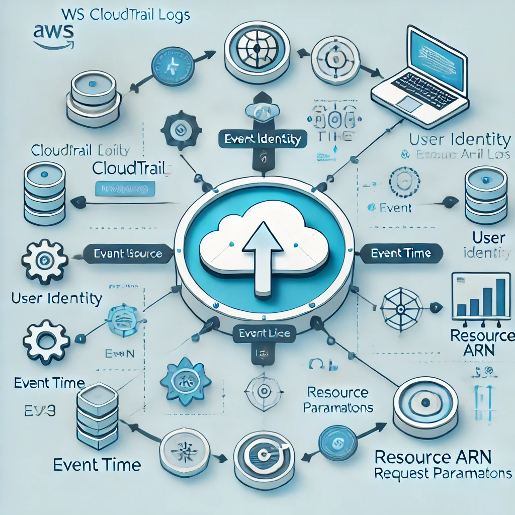 CloudTrail 로그의 구조와 주요 데이터 필드를 보여주는 다이어그램