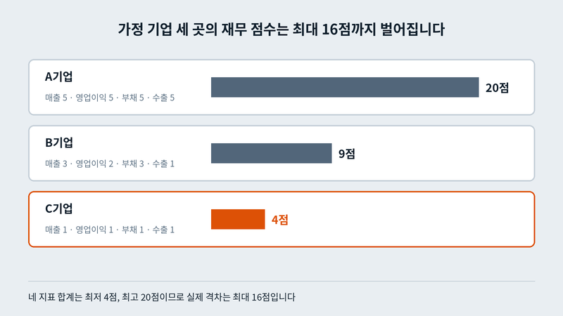 가정 기업 세 곳의 도입기업 역량 재무 점수 비교, A기업 20점, B기업 9점, C기업 4점으로 최대 16점 차이