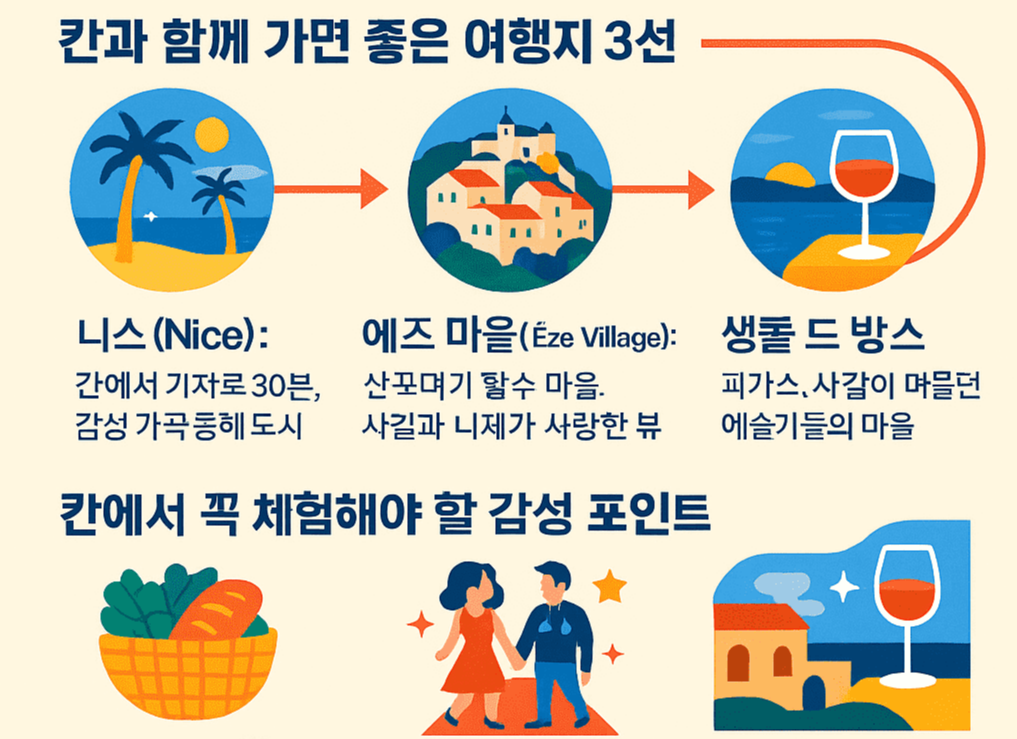 2025년 칸 국제 영화제 일정과 프랑스 남부 여행지 안내 인포그래픽. 일정, 무료 관람 팁, 칸과 함께 가면 좋은 니스, 에즈 마을, 생폴 드 방스 등 3대 여행지 추천. 마르셰 포르빌 시장 체험, 영화인 거리 산책, 고급 리조트 카페 루프탑 감상 포인트와 인기 여행 아이템 및 eSIM 구매 팁까지 정리.