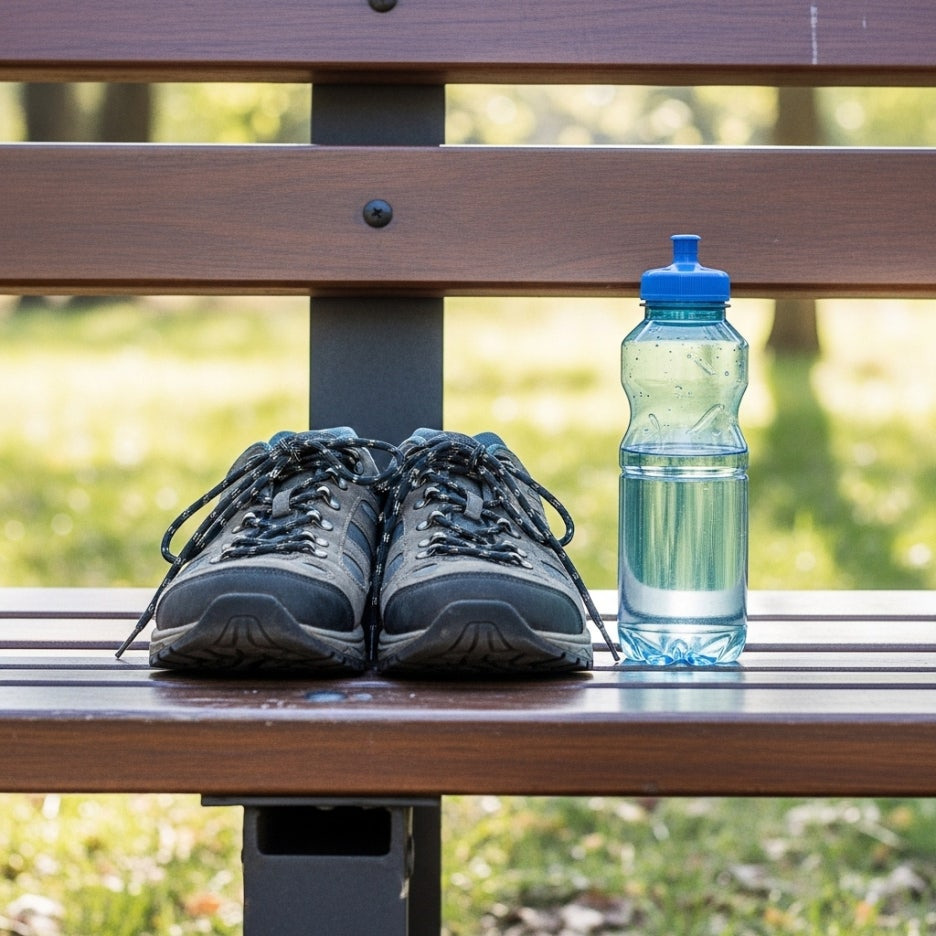 산행을 위해 준비된 등산화와 물병