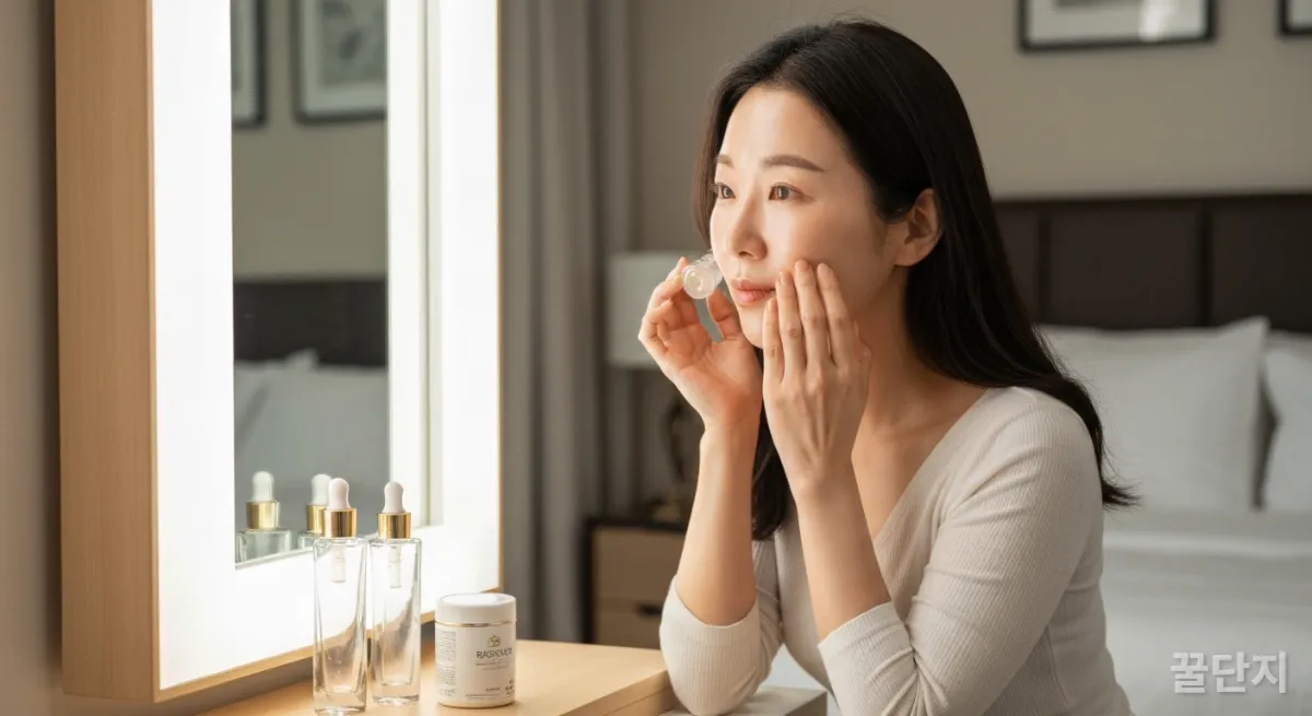 화장대 앞에서 피부 세럼을 바르는 한국 여성과 이너뷰티 제품