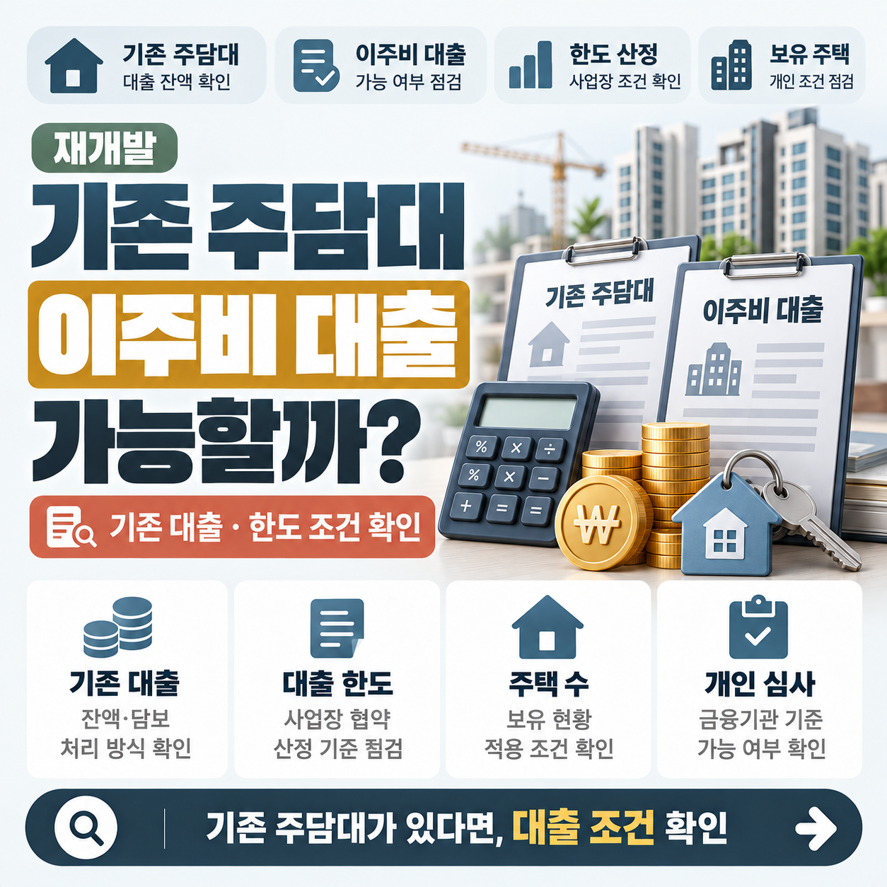 재개발 구역 아파트 단지 앞에서 대출 서류와 계산기를 살펴보는 모습