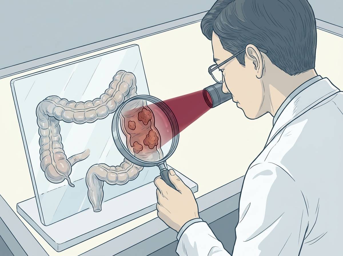 돋보기로 대장의 단면을 들여다보는 의사, 대장 내벽의 이상 돌기와 암세포를 상징하는 붉은 빛