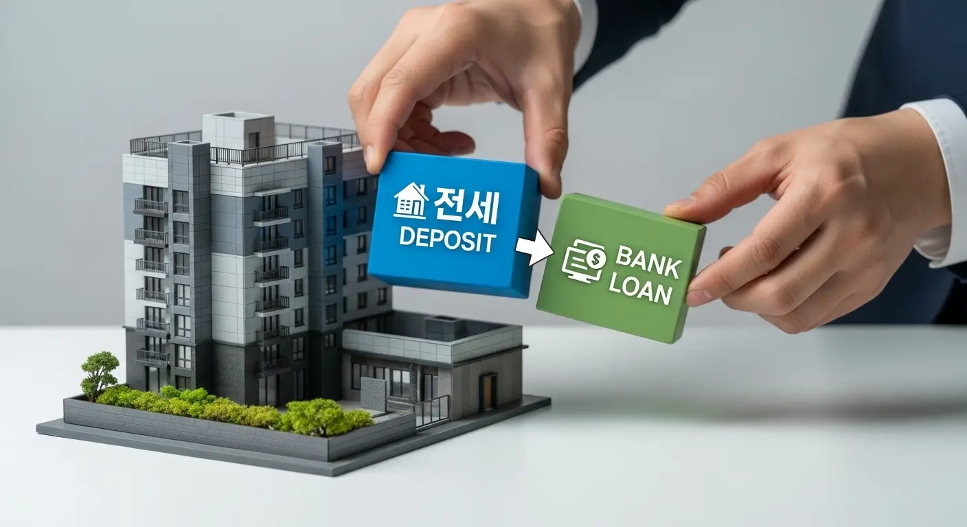 아파트 모형에서 '전세보증금' 블록을 빼고, 그 자리에 '전세퇴거자금대출' 블록을 채워 넣는 모습