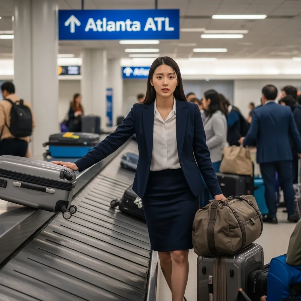 대한항공 IRBS 도입 전, 한 여성 승객이 애틀랜타 공항에서 직접 위탁수하물을 찾는 모습