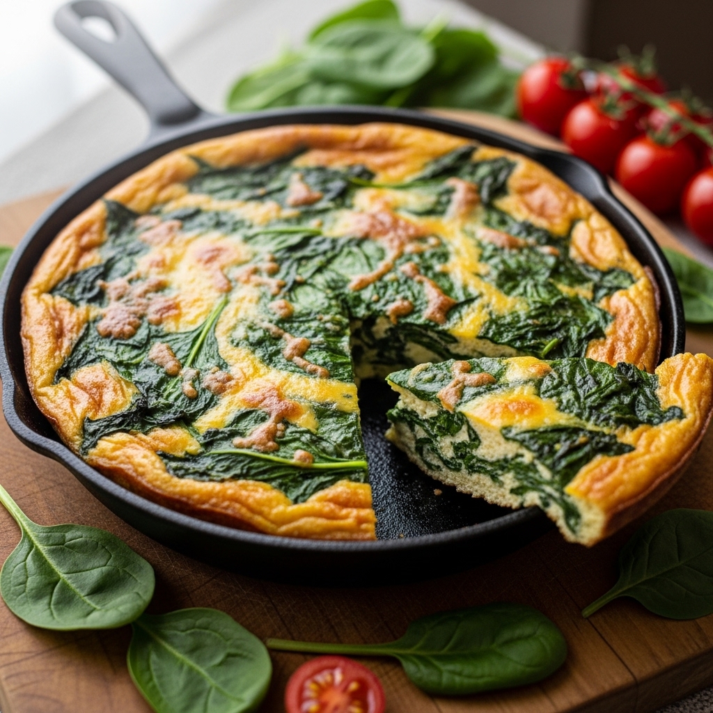 갓 구워낸 먹음직스러운 시금치 프리타타. 시금치와 치즈가 어우러져 노릇한 색감이다.
