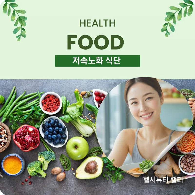 저속노화 식단을 소개하는 건강 식품 인포그래픽과 미소 짓는 여성