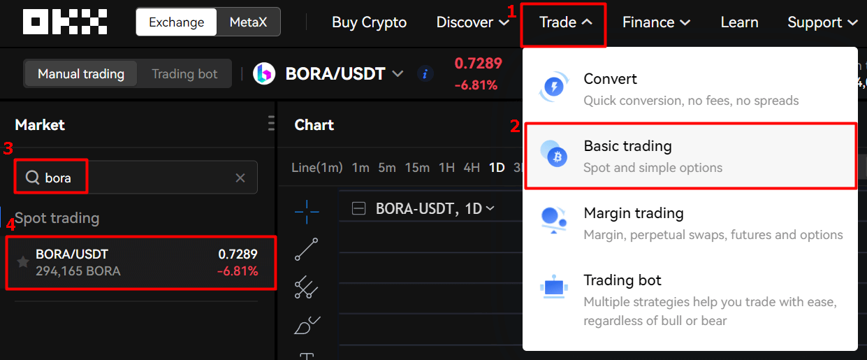 OKX에서 보라 마켓으로 진입하는걸 보여주는 사진
