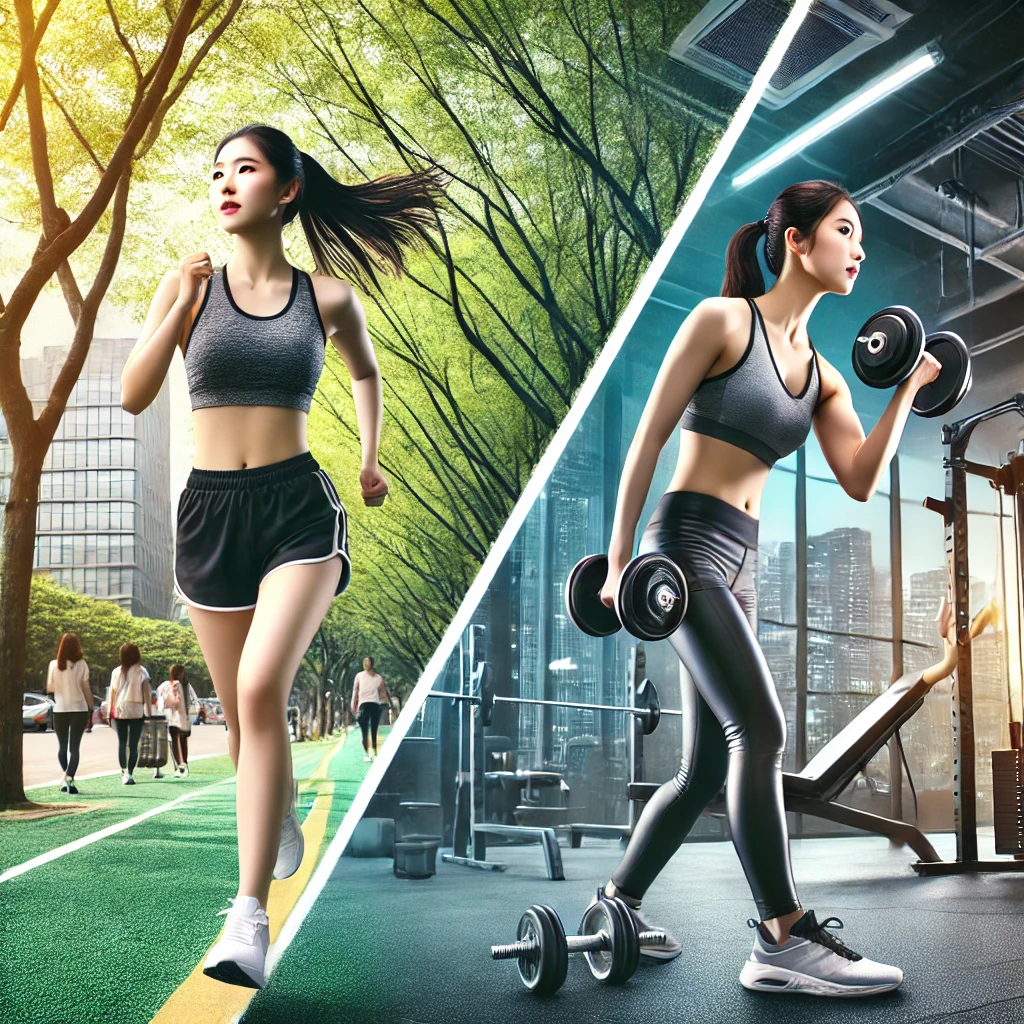 유산소 운동(러닝)과 근력 운동(웨이트 트레이닝)을 하는 사람 비교 이미지