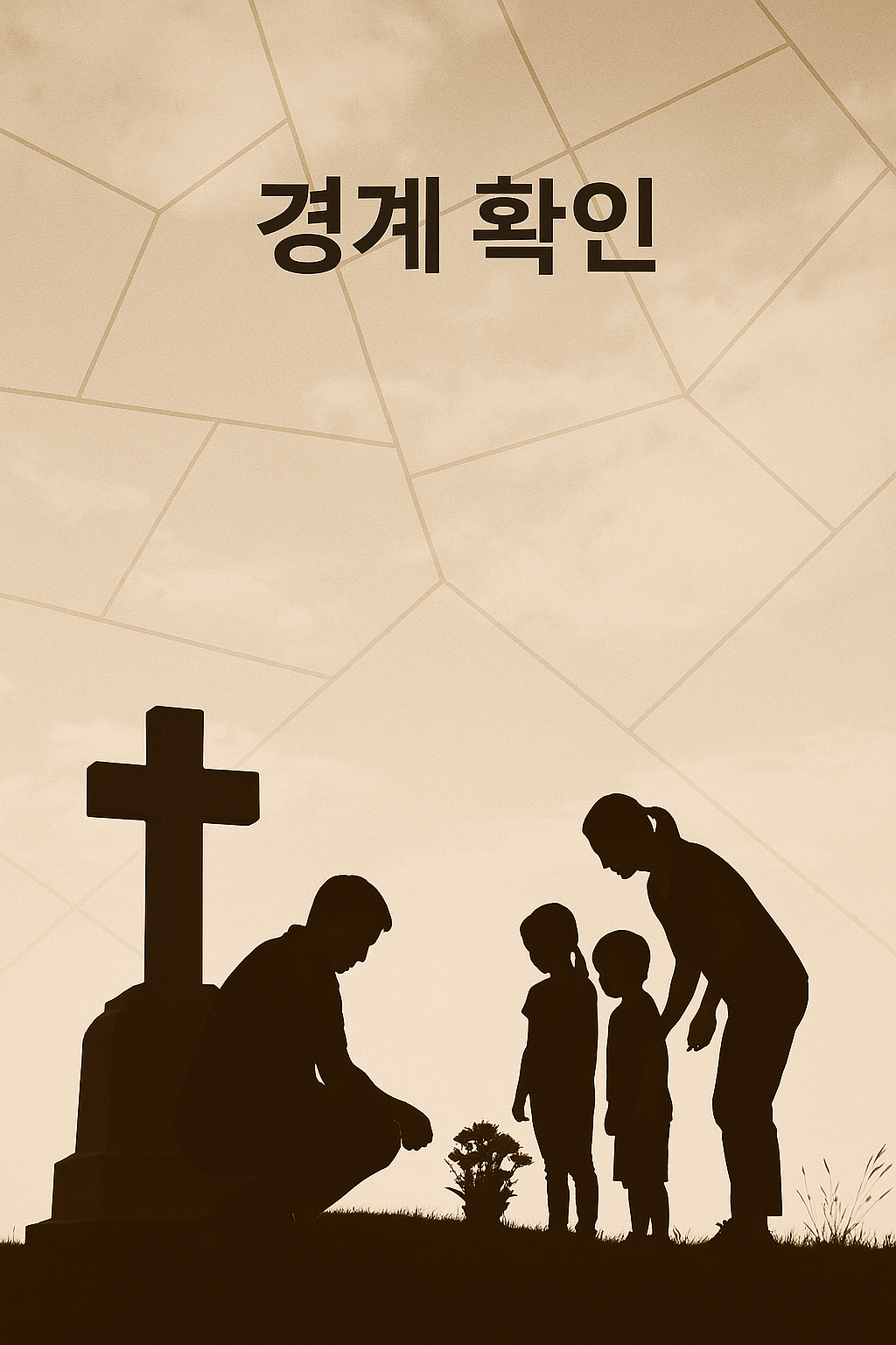 성묘하는 가족의 실루엣 사진에 **지적도(땅 경계선)**를 연하게 오버레이하여 '경계 확인'이라는 주제를 은유적으로 표현합니다.