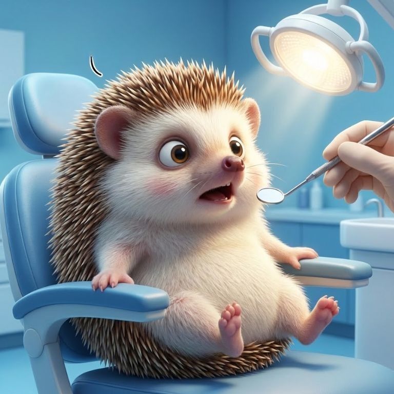 이빨 치료를 하기위해 치과의자에 앉아 입벌리고 있는 도치씨 모습