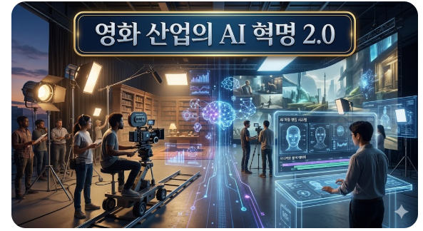 영화 촬영장과 AI 기술이 융합된 모습을 담은 블로그용 이미지입니다. 상단 중앙에는 '영화 산업의 AI 혁명 2.0'이라는 제목이 있습니다. 왼쪽에는 스태프들이 전통적인 방식으로 영화를 촬영하고 있으며, 오른쪽에는 AI 시스템이 시나리오 분석 및 자동 편집을 수행하는 홀로그램 화면이 펼쳐져 있어 기술적 변화를 시각적으로 보여줍니다.