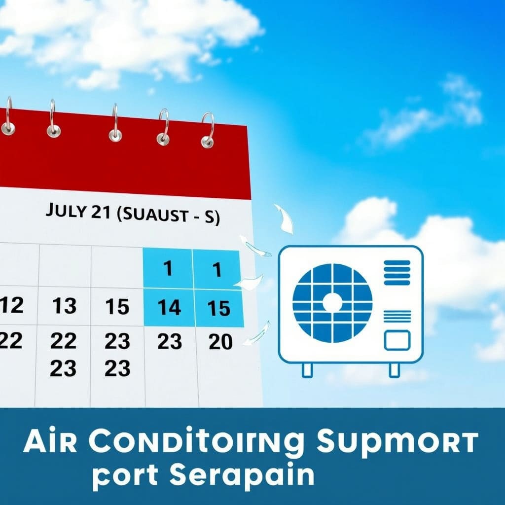 달력에 여름철(예: 7월, 8월)이 표시되어 있고, 그 옆에 에어컨 아이콘이나 시원한 바람을 상징하는 이미지가 배치되어 있습니다. 미리 준비하고 대비하는 느낌을 주며, 계절적 필요성과 적시성을 강조합니다.