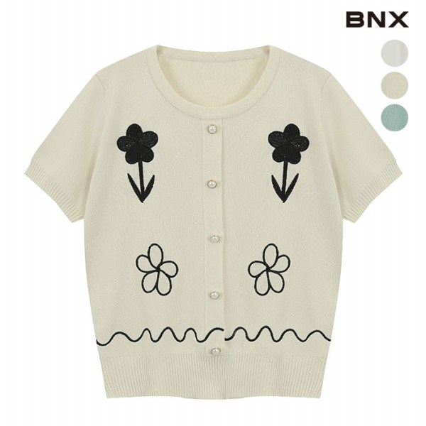 BNX 비엔엑스 bnx 여성 플라워 자수 진주 반팔 니트
