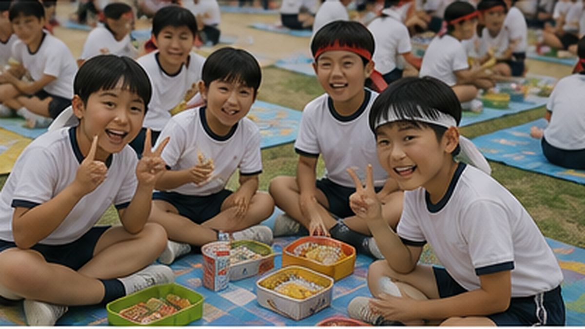 운동회 점심시간에 초등학생들이 돗자리 위에 앉아 도시락을 펼쳐 놓고 웃는 모습