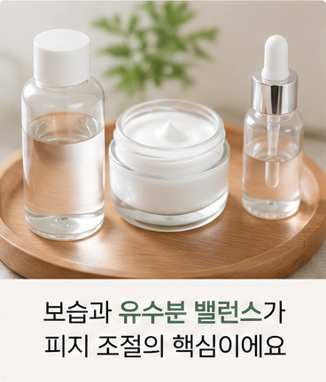 순한 세안제와 가벼운 보습제가 놓인 피부 관리 장면