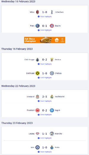 챔피언스리그 16강 1차전 경기 결과