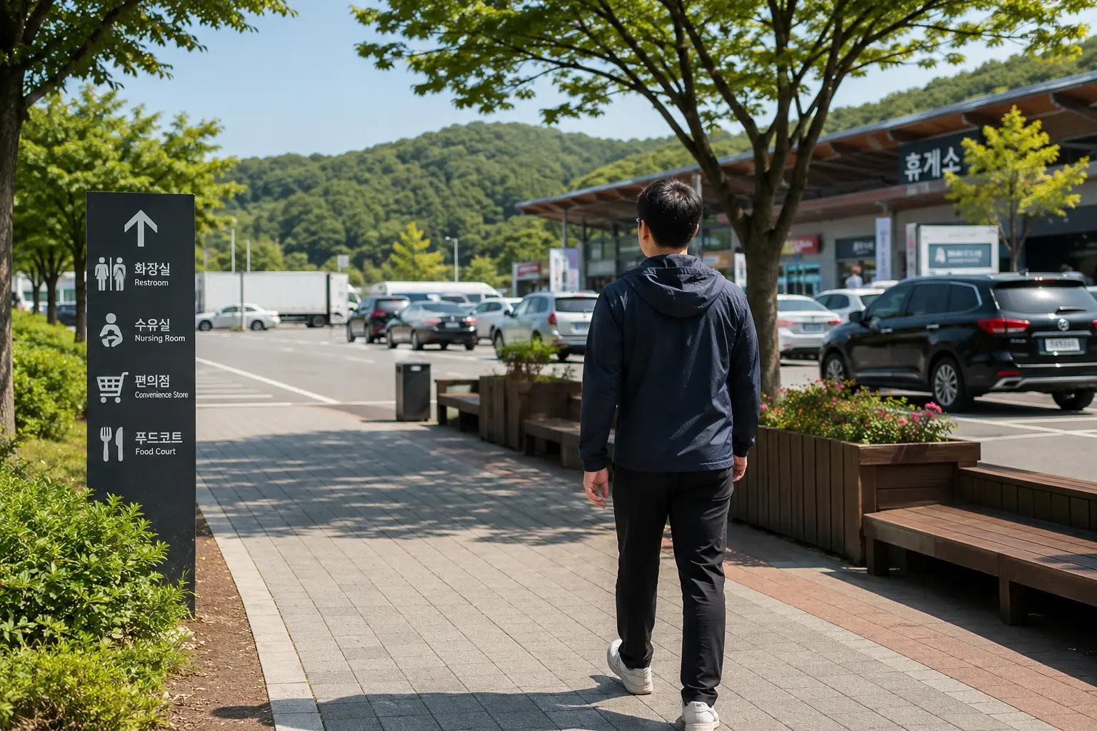 장거리 운전 후 휴게소에서 걷기 운동하는 모습