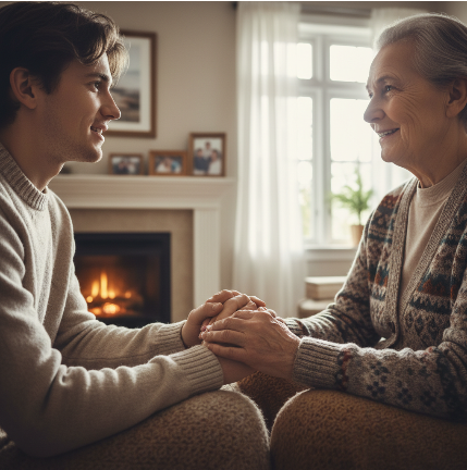 눈을 맞추며 부드럽고 온화한 표정으로 부모님과 소통하는 가족의 모습