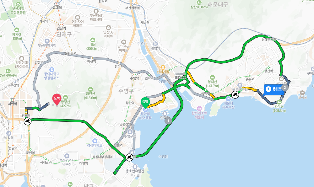 광안대교 밤 드라이브 코스를 네이버 지도 길찾기로 표현한 이미지