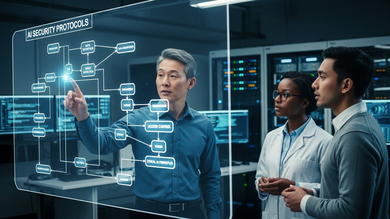 첨단 기술 연구소에서 AI 시스템의 안전성과 보안 프로토콜을 점검하는 전문가 팀의 실사 모습