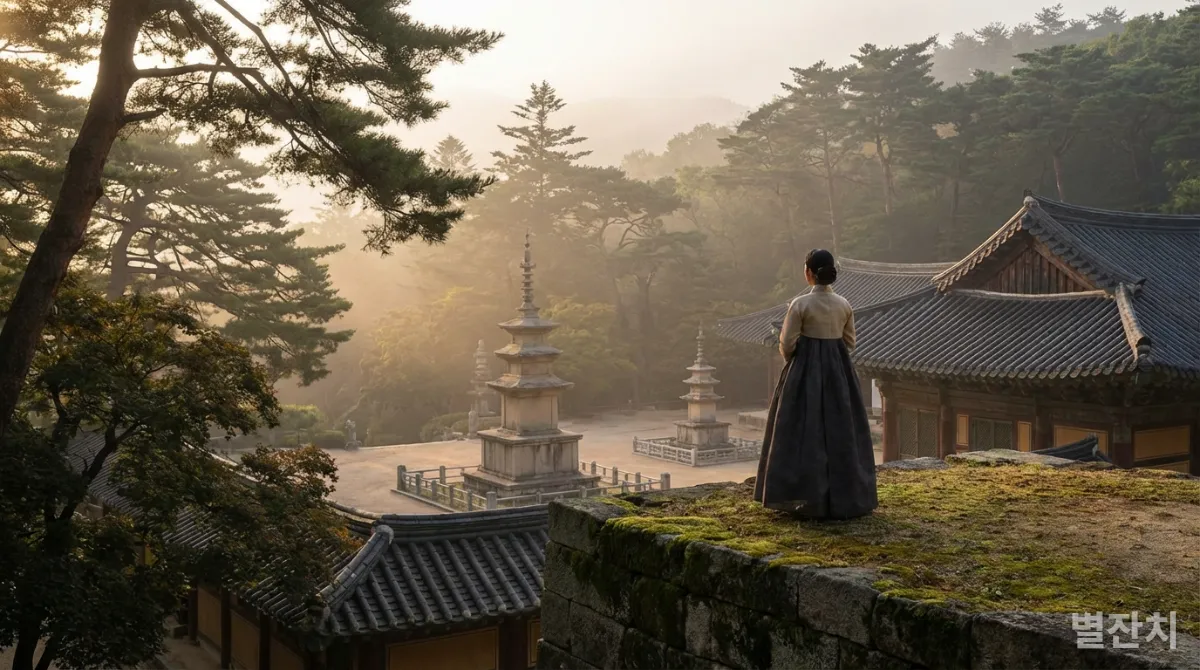 역사적 유적지 앞에서 과거를 되돌아보는 한 사람의 뒷모습.